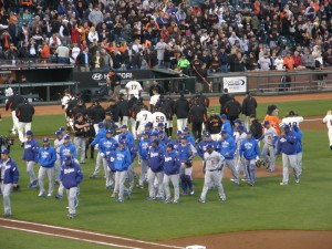 Dodgers & Giants On Mound Pre-Game